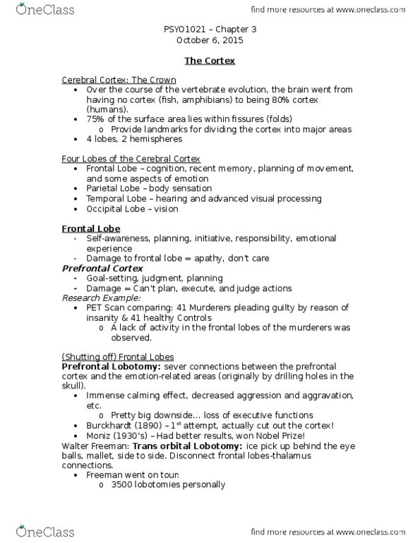 PSYO 1021 Lecture Notes - Lecture 9: Frontal Lobe, Prefrontal Cortex, Parietal Lobe thumbnail