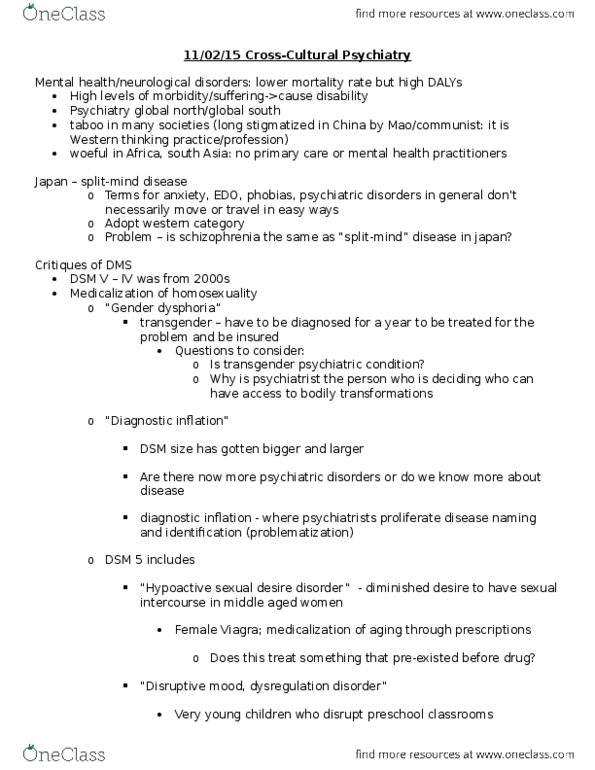 L48 Anthro 3283 Lecture Notes - Lecture 31: Hypoactive Sexual Desire Disorder, Arthur Kleinman, Mental Disorder thumbnail