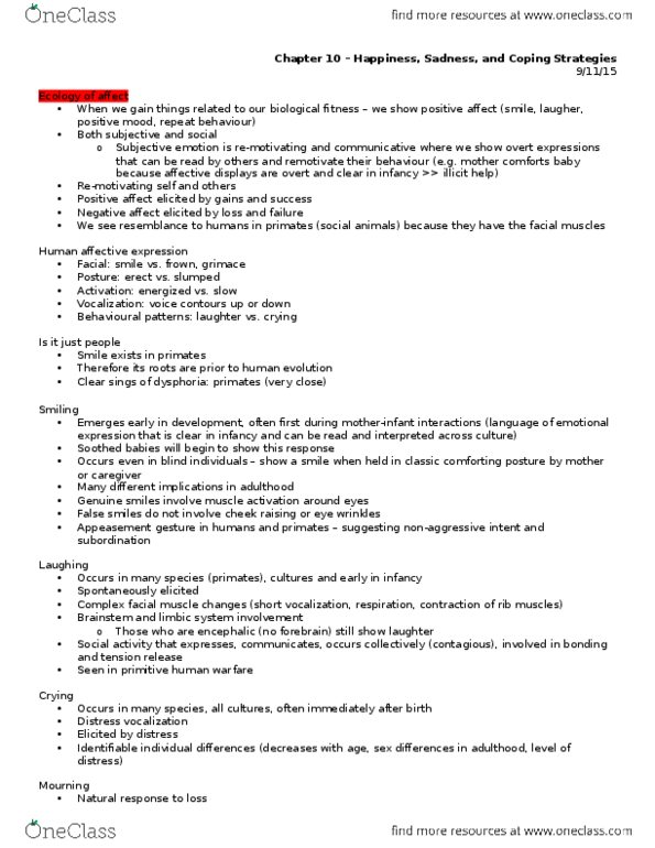 PSYCH 3M03 Lecture Notes - Lecture 10: False Smiles, Dysphoria, Limbic System thumbnail
