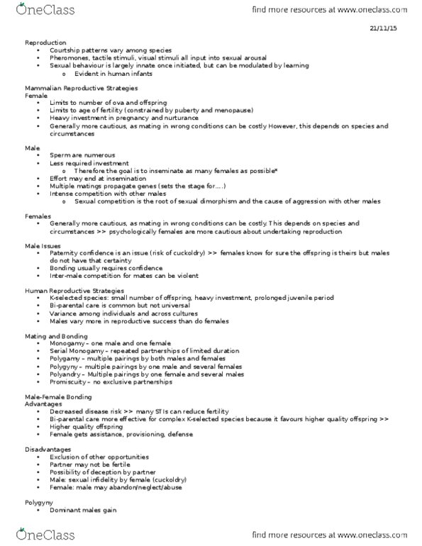 PSYCH 3M03 Lecture Notes - Lecture 7: Cuckold, Egg Cell, Promiscuity thumbnail