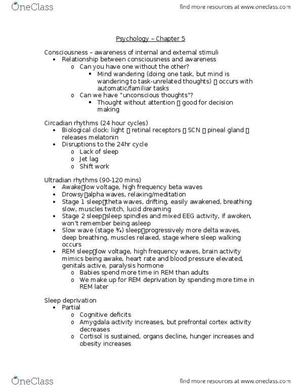 PS101 Lecture Notes - Lecture 5: Lucid Dream, Circadian Rhythm, Theta Wave thumbnail