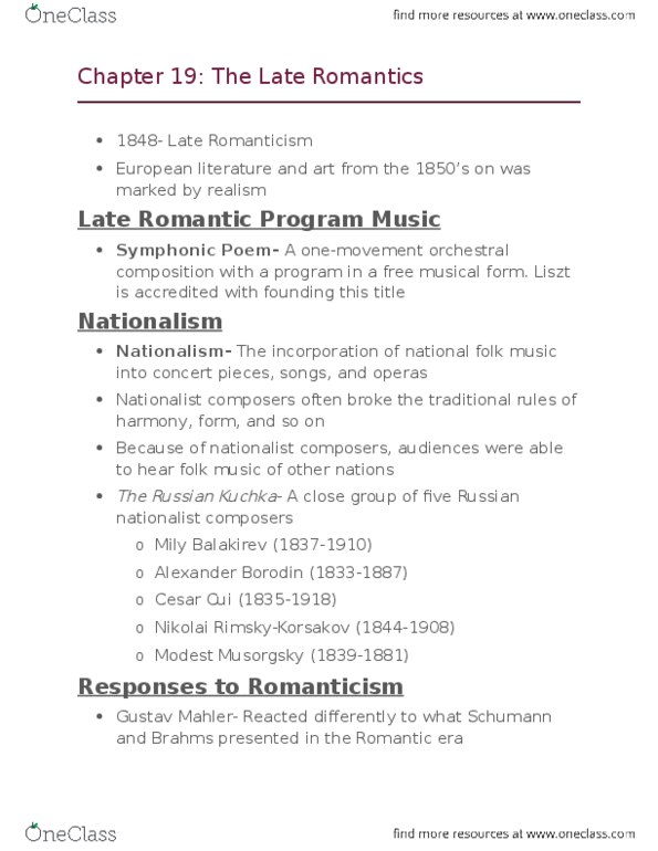 MUSIC 101 Chapter Notes - Chapter 19: Symphonic Poem, Franz Liszt, Gustav Mahler thumbnail