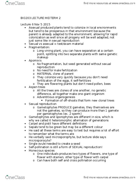 BIO203H5 Lecture Notes - Lecture 5: Apomixis, Sexual Reproduction, Stamen thumbnail