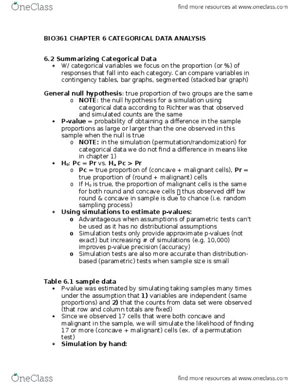 BIO361H5 Chapter Notes - Chapter 6: Hypergeometric Distribution, Null Hypothesis, Categorical Variable thumbnail