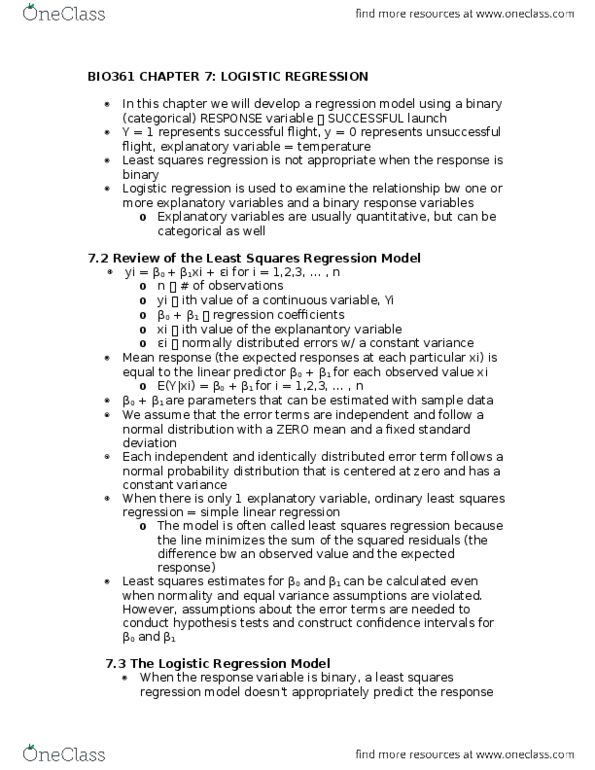 BIO361H5 Chapter Notes - Chapter 7: Logistic Regression, Simple Linear Regression, Dependent And Independent Variables thumbnail