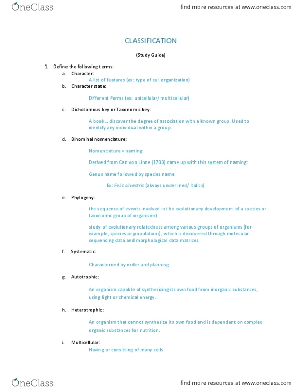 BIO SCI 94 Lecture Notes - Lecture 8: Carl Linnaeus, Felis, Autotroph thumbnail
