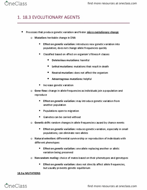 Biology 1001A Chapter Notes - Chapter 18: Lethal Allele, Allele Frequency, Neutral Mutation thumbnail