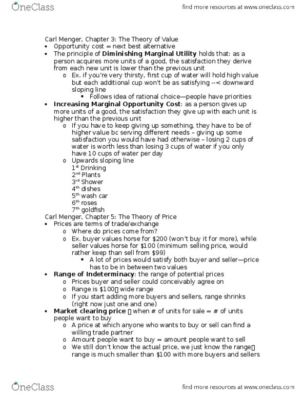 ECON 102 Lecture Notes - Lecture 6: Carl Menger, Marginal Utility, Opportunity Cost thumbnail