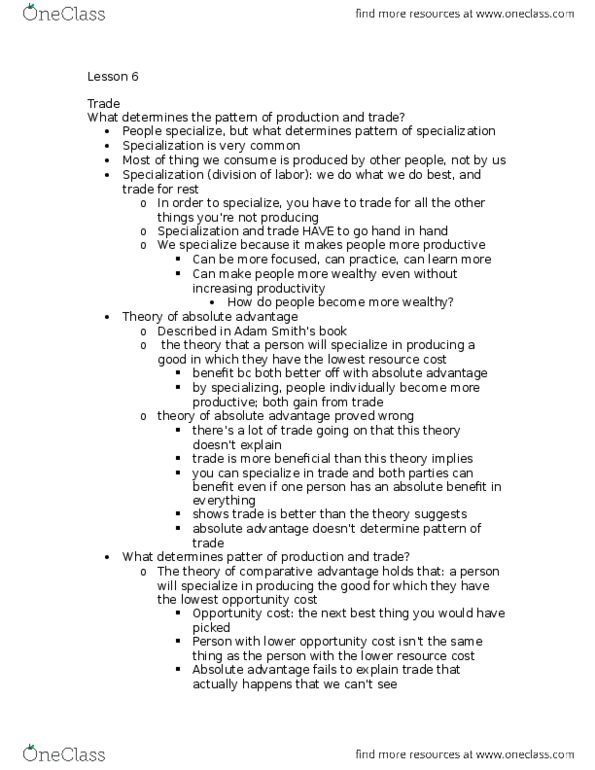 ECON 102 Lecture Notes - Lecture 14: Absolute Advantage, Opportunity Cost, Comparative Advantage thumbnail