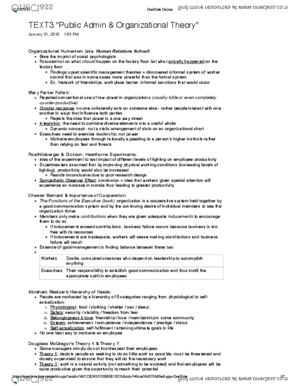 POLS 2250 Chapter Notes - Chapter 3: Mary Parker Follett, Hawthorne Effect, Organizational Chart thumbnail