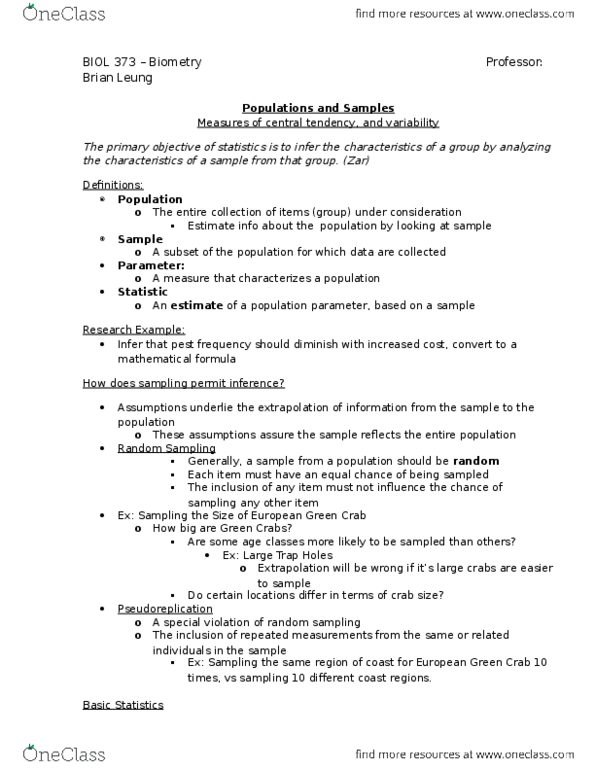BIOL 373 Lecture Notes - Lecture 2: Carcinus Maenas, Biostatistics, Statistical Parameter thumbnail
