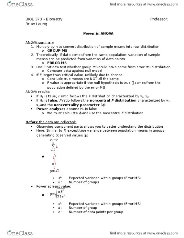 BIOL 373 Lecture Notes - Lecture 11: Biostatistics, Null Hypothesis, Analysis Of Variance thumbnail