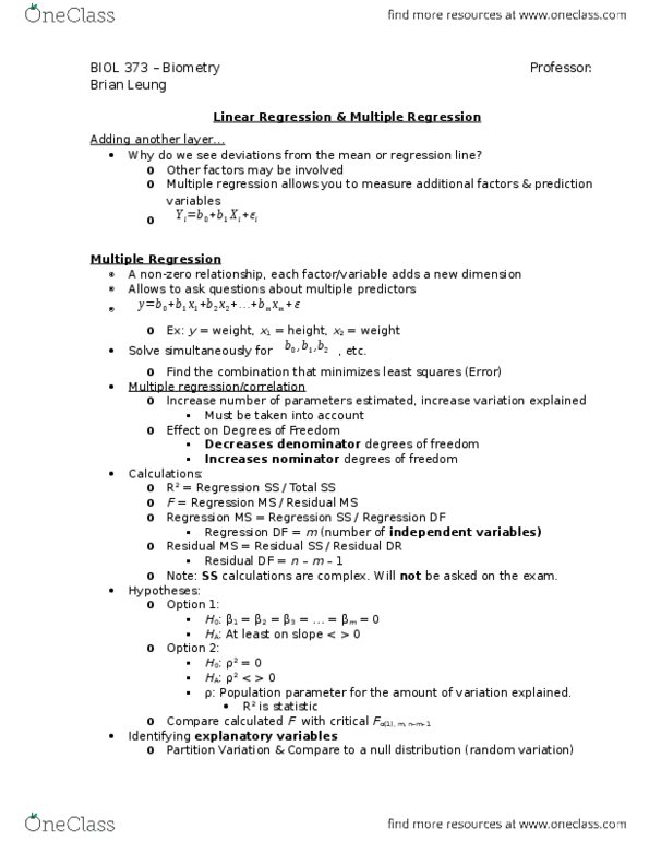 BIOL 373 Lecture Notes - Lecture 19: Regression Analysis, Biostatistics, Covariance thumbnail
