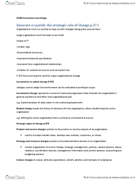 BUSI 3103 Chapter Notes - Chapter 10: Administrative Domain, Radical Change, Strategic Management thumbnail