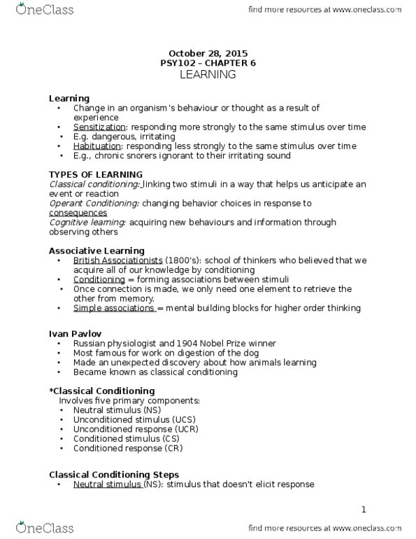 PSY 102 Lecture Notes - Lecture 6: Classical Conditioning, Operant Conditioning, Habituation thumbnail