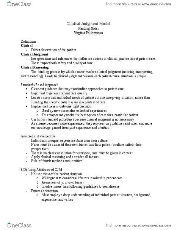 Nursing 1080A/B Lecture 1: Reading Notes - Clinical Judgment Model thumbnail
