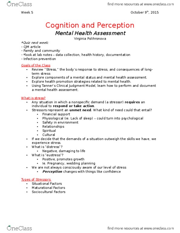 Nursing 1080A/B Lecture Notes - Lecture 6: Cognitive Behavioral Therapy, Eustress, Health Promotion thumbnail