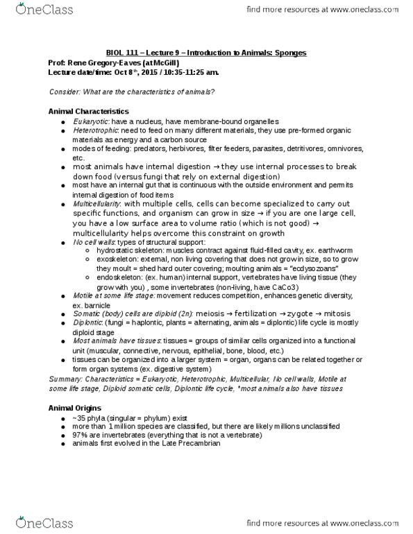 BIOL 111 Lecture Notes - Lecture 9: Hydrostatic Skeleton, Multicellular Organism, Desmosome thumbnail