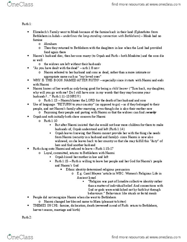 RELIGST 2B03 Chapter Notes - Chapter 1-4: Orpah, New Revised Standard Version, Book Of Ruth thumbnail