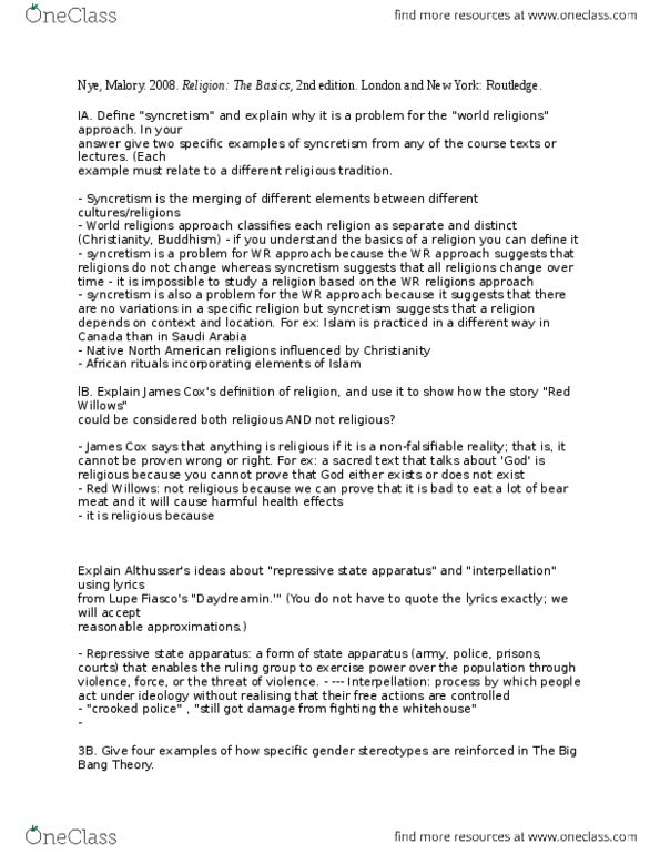 Rlg101h5 Study Guide Fall 14 Final Syncretism Major Religious Groups Gender Studies