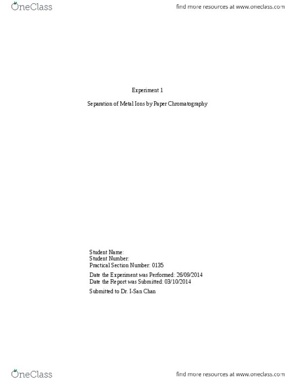 CHM110H5 Lecture Notes - Lecture 1: Paper Chromatography, Metal, Elution thumbnail