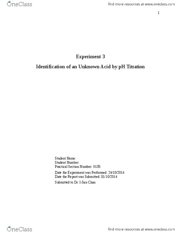 CHM110H5 Lecture Notes - Lecture 3: Titration, Sodium Hydroxide, Ph Indicator thumbnail