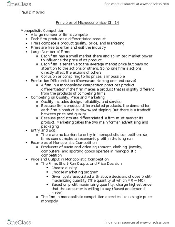 Economics 1021A/B Lecture Notes - Lecture 14: Monopolistic Competition, Sports Equipment, Demand Curve thumbnail