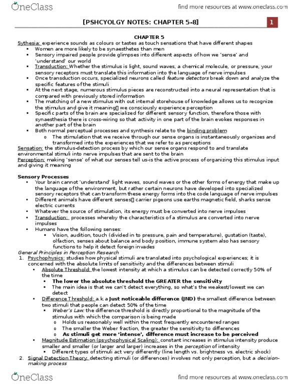 Psychology 1000 Lecture Notes - Lecture 69: Detection Theory, Absolute Threshold, Synesthesia thumbnail