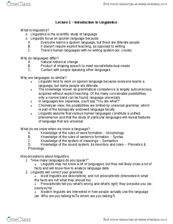 LIN102H5 Lecture Notes - Lecture 1: Universal Grammar, Word Formation, Linguistic Performance thumbnail