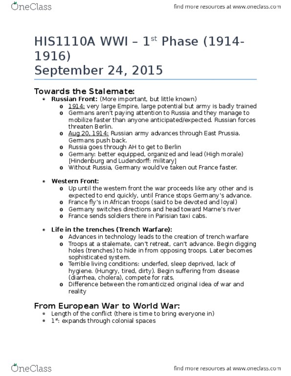 HIS 1110 Lecture Notes - Lecture 5: Erich Ludendorff, Armoured Warfare, Posttraumatic Stress Disorder thumbnail