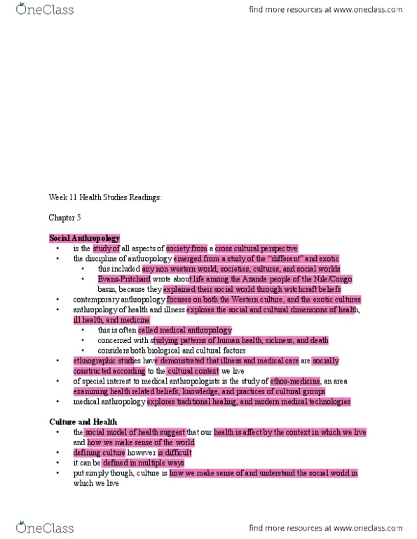 HLTB21H3 Chapter Notes - Chapter 5: Medical Anthropology, Social Anthropology, Zande People thumbnail