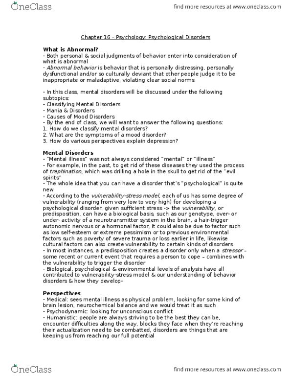 Psychology 1000 Chapter Notes - Chapter 16: Borderline Personality Disorder, Visual Cortex, Limbic System thumbnail