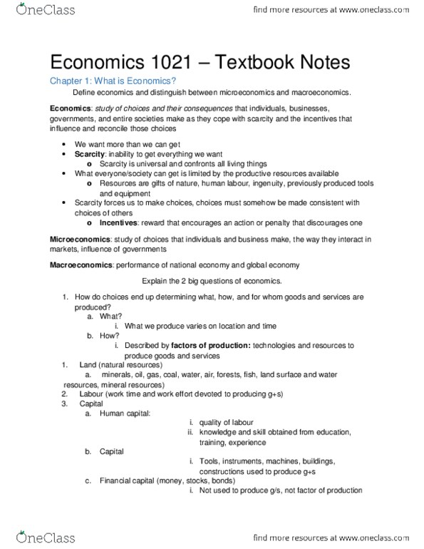 Economics 1021A/B Lecture 1: Full Econ 1021 Notes by Chapter - 9th ed Microeconomics thumbnail