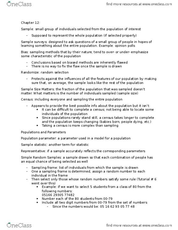 STAB22H3 Chapter Notes - Chapter 12: Simple Random Sample, Response Bias, Sampling Frame thumbnail