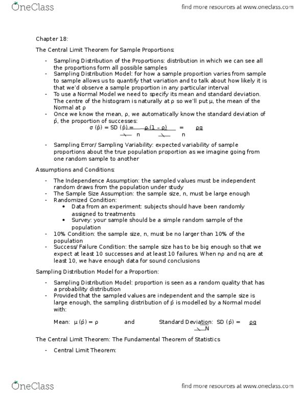 STAB22H3 Chapter Notes - Chapter 18: Central Limit Theorem, Standard Deviation, Sampling Distribution thumbnail