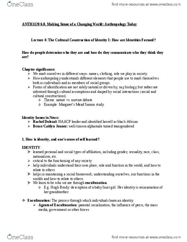 ANTH 1120 Lecture Notes - Lecture 4: Rachel Dolezal, Margaret Mead, Enculturation thumbnail
