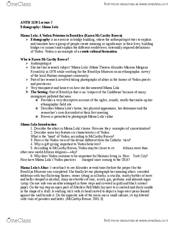 ANTH 1120 Lecture Notes - Lecture 7: Mama Lola, Karen Mccarthy, Gilberto Macena thumbnail