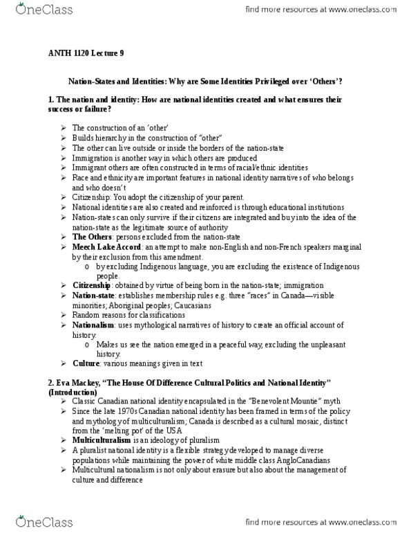 ANTH 1120 Lecture Notes - Lecture 9: Royal Canadian Mounted Police, Nationstates, Indian Act thumbnail