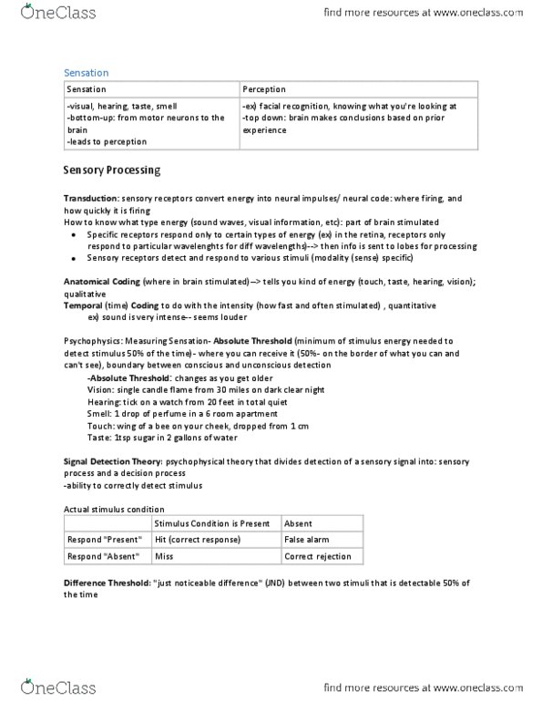 PSY 1101 Lecture Notes - Lecture 3: False Alarm, Temporal Lobe, Psychophysics thumbnail