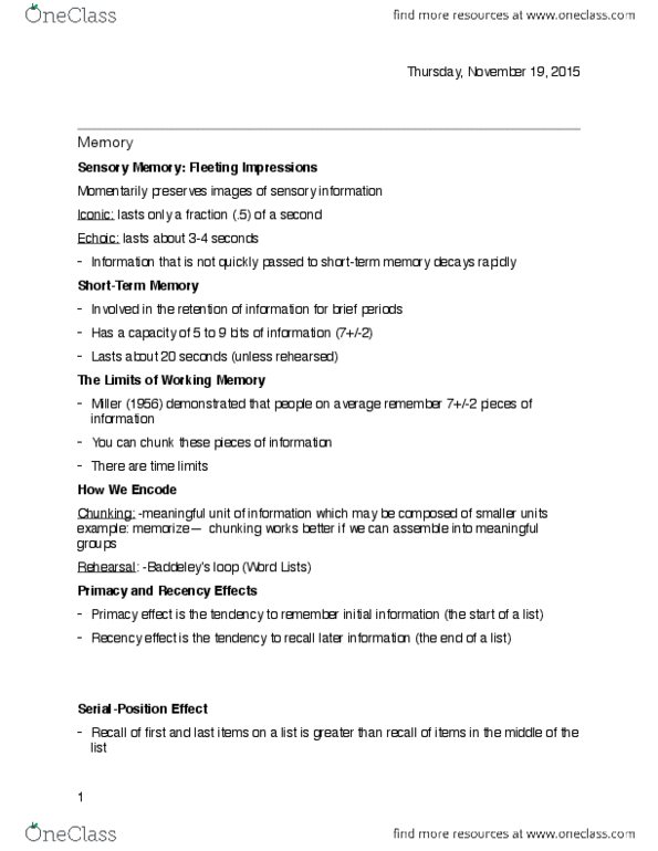 PSY 1101 Lecture Notes - Lecture 8: Explicit Memory, Implicit Memory, Lesion thumbnail