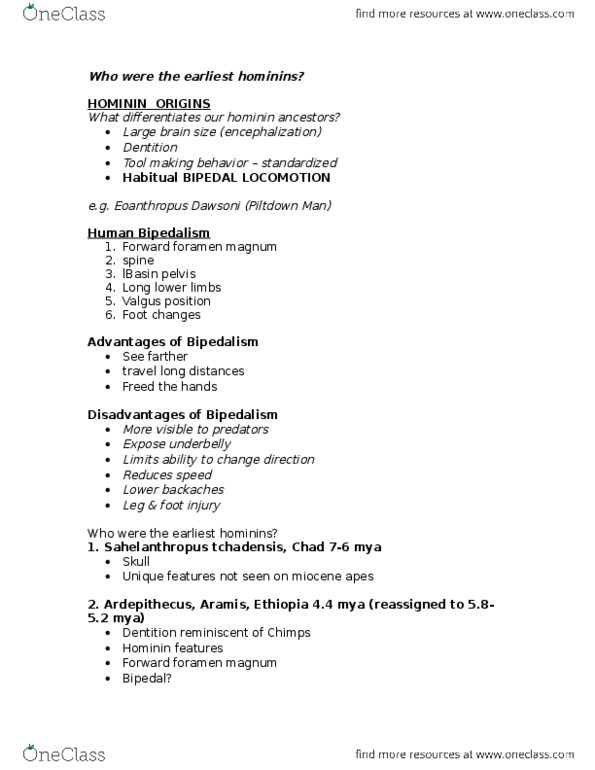 ANT101H5 Lecture Notes - Lecture 12: Sahelanthropus, Foramen Magnum, Piltdown Man thumbnail