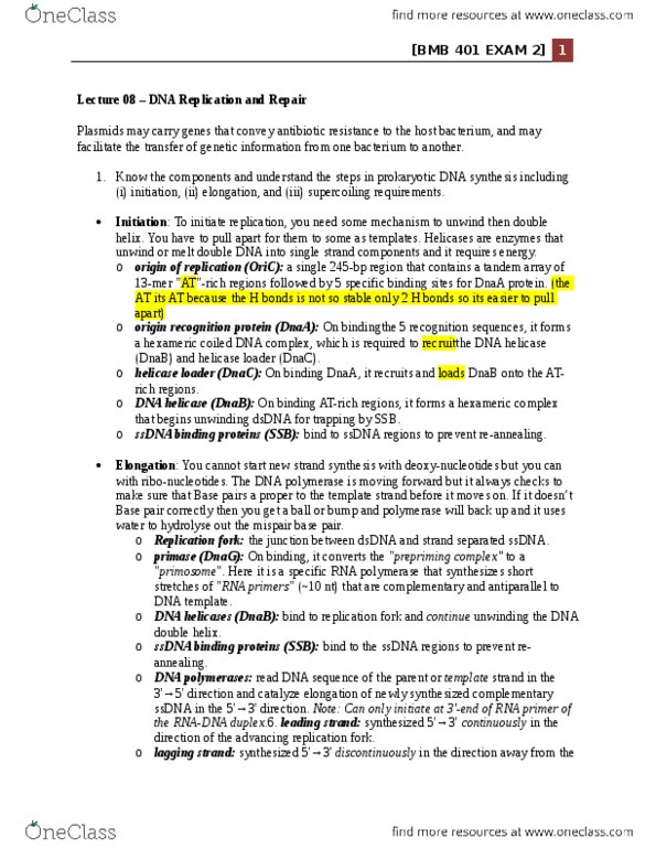 BMB 401 Lecture Notes - Lecture 8: Dna Gyrase, The Double Helix, Deoxycytidine Triphosphate thumbnail