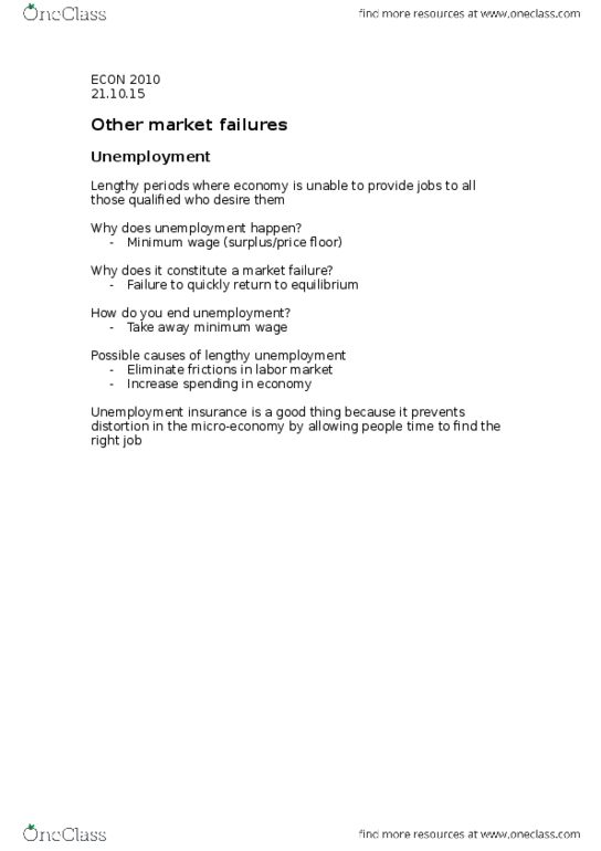 ECON 2010 Lecture Notes - Lecture 23: Market Failure, Microeconomics, Unemployment Benefits thumbnail