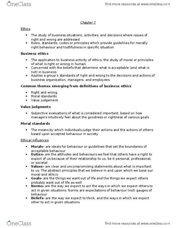 ADM 1301 Lecture Notes - Lecture 7: Descriptive Ethics, Business Ethics, Otto Bremer thumbnail
