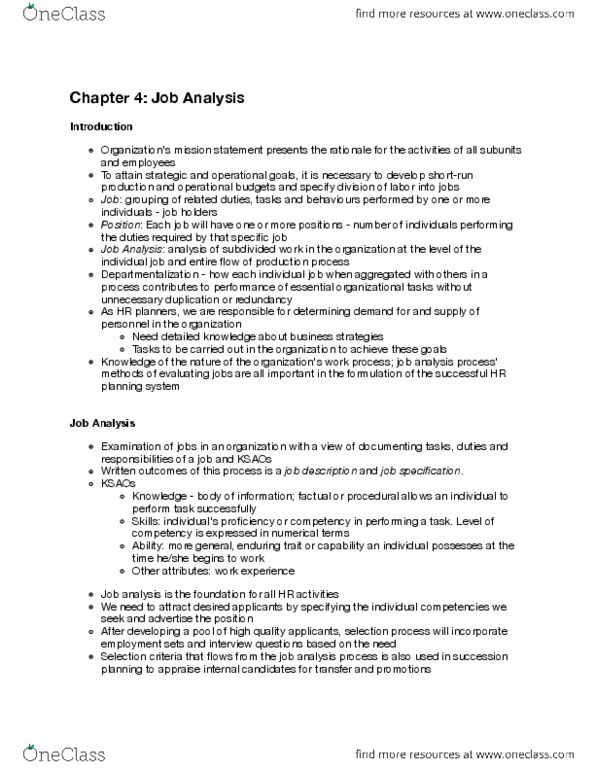 HRM301 Chapter Notes - Chapter 4: Job Analysis, Ob River, Job Performance thumbnail