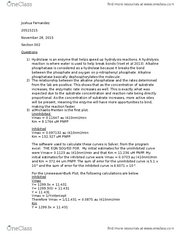 CHEM267L Lecture Notes - Lecture 14: Dna Polymerase, Nonlinear Regression, Enzyme Kinetics thumbnail