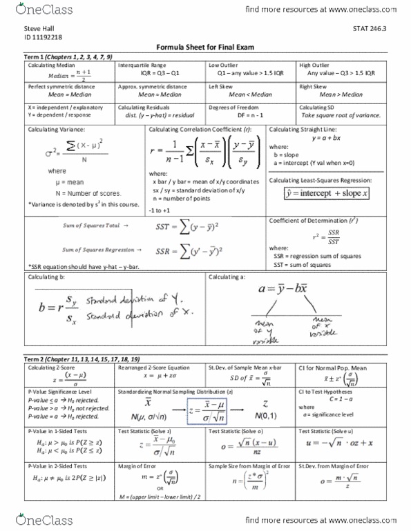 Stat 246 Final: Stat 246.3 Formula Sheet For Final Exam - Oneclass