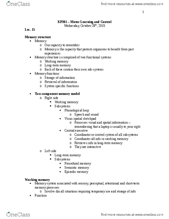 KP361 Lecture Notes - Lecture 15: Procedural Knowledge, Interference Theory, Explicit Memory thumbnail