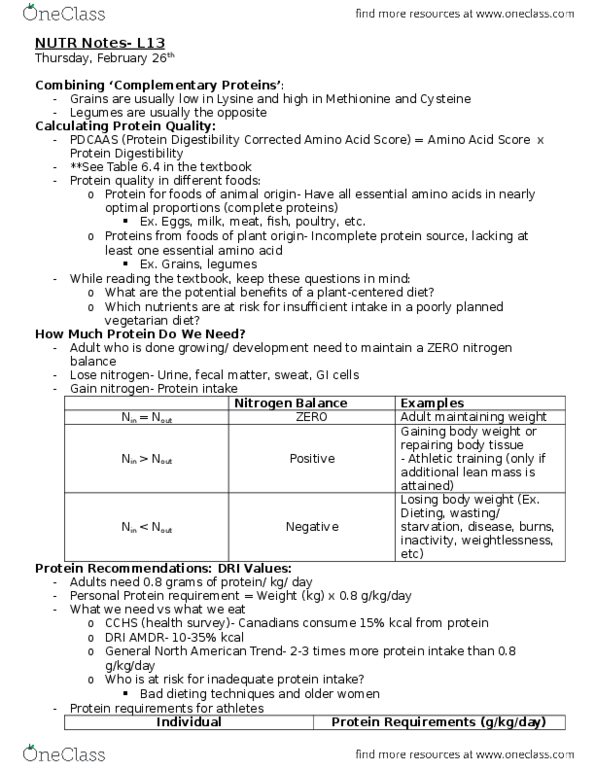 NUTR 120 Lecture Notes - Lecture 13: Red Meat, Athletic Training, Nitrogen Balance thumbnail