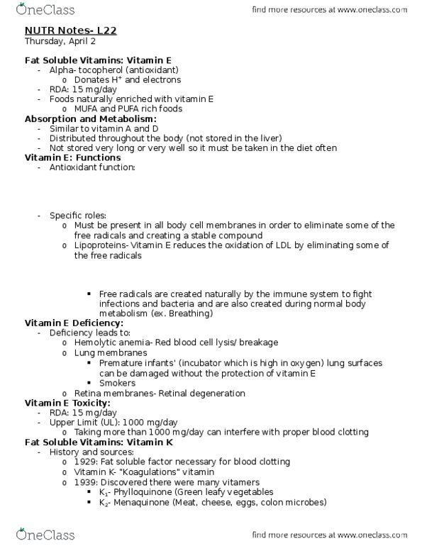 NUTR 120 Lecture Notes - Lecture 22: Monounsaturated Fat, Hemolytic Anemia, Anticoagulant thumbnail